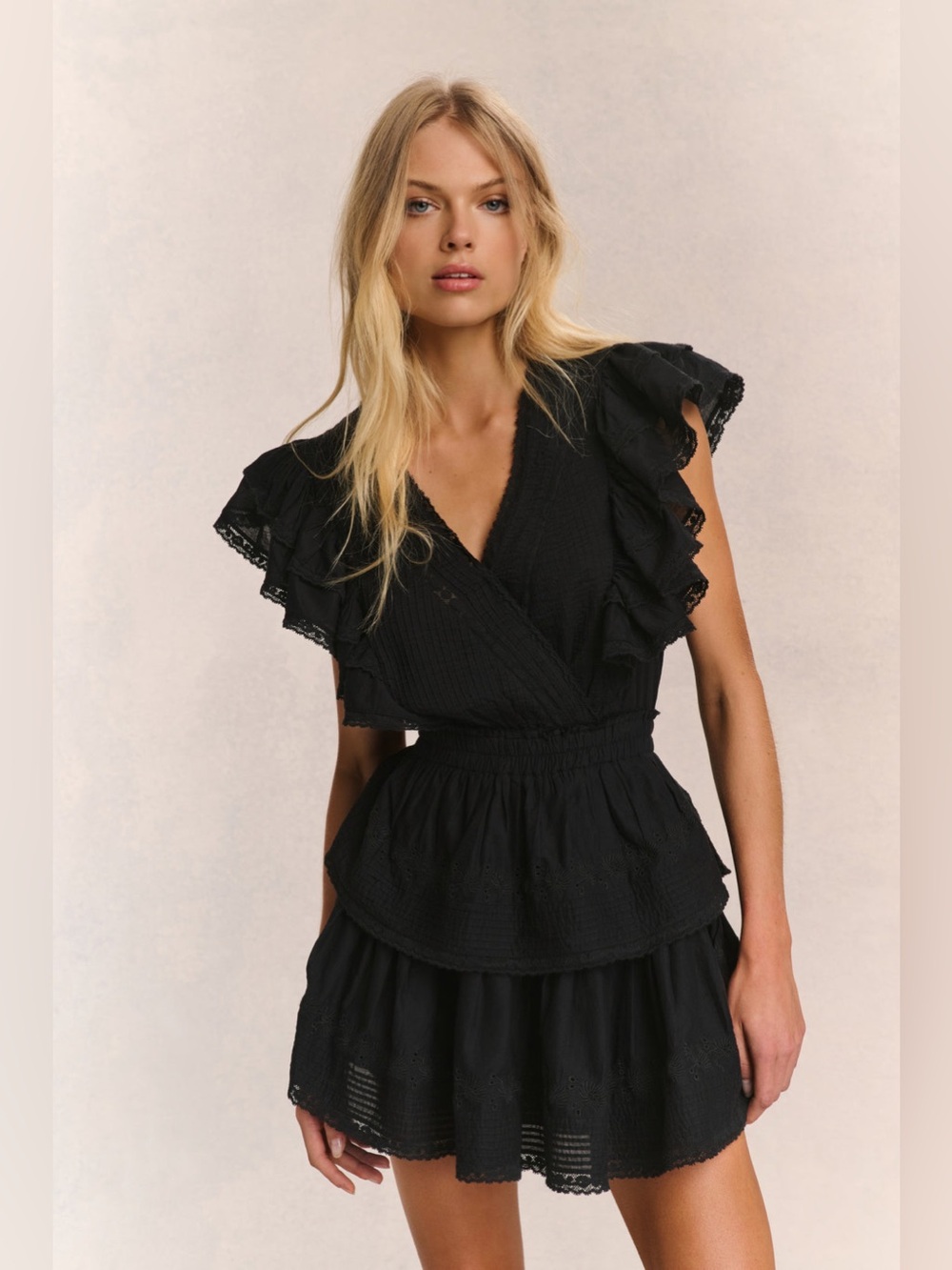LoveShackFancy Gwen Heritage Mini Black Ruffled V-Neck Women's Dress Size XS
